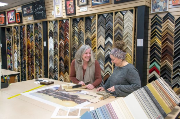 Behind the scenes at a custom framing shop York PA, showcasing craftsmanship at Framers' Workshop.